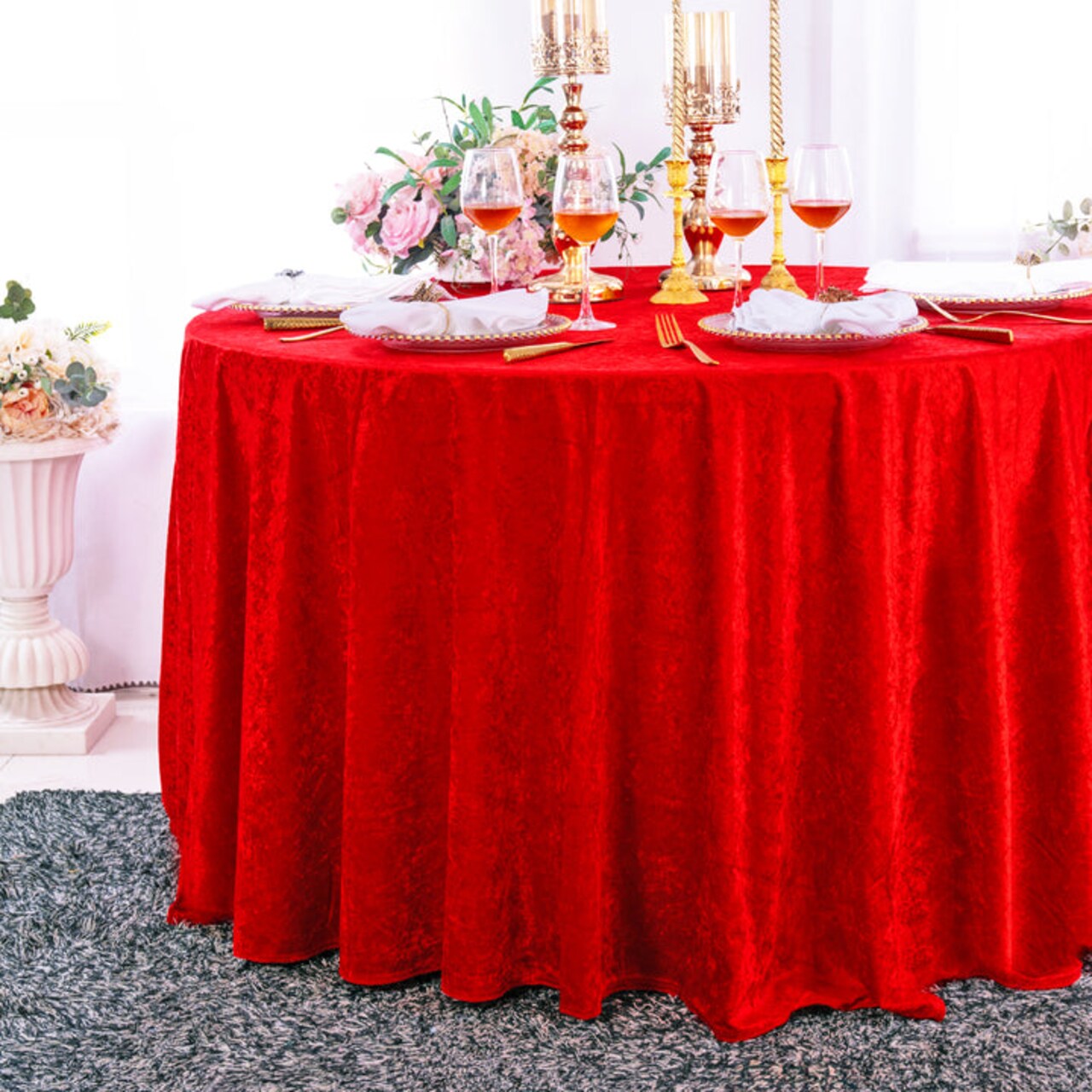 120 Inch Round Ice Crushed Velvet Tablecloth Red Elegant Luxury Linen